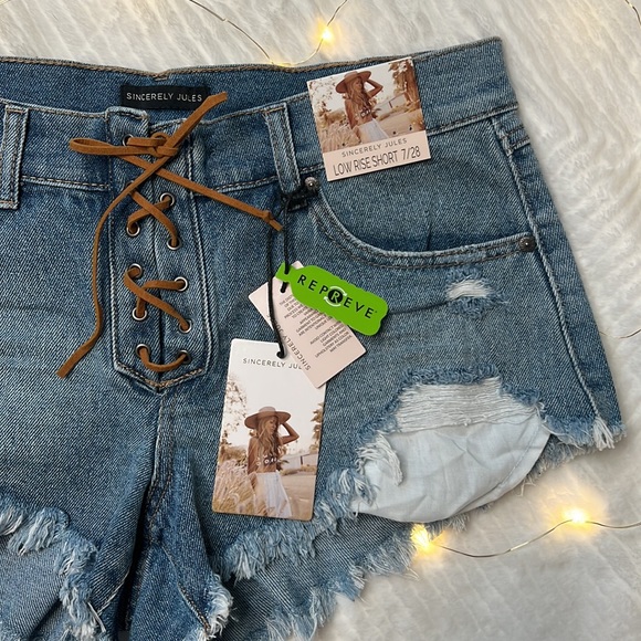 NEW! Sincerely Jules Lace Up Low Rise Distressed Shorts - Picture 9 of 10